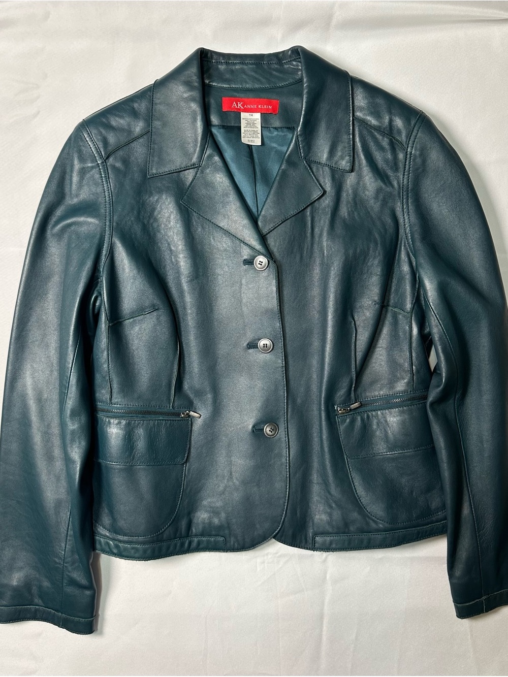 Anne Klein Dark Teal Green 100% Leather Button Jacket Size 14